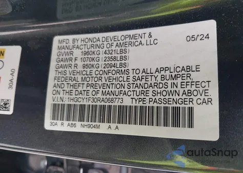 2024 Honda Accord Ex из США, поврежденный, VIN 1HGCY1F30RA068773